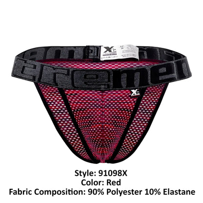 Red microfiber mesh bikini briefs with a black elastic waistband featuring the xtremen extreme logo in gray