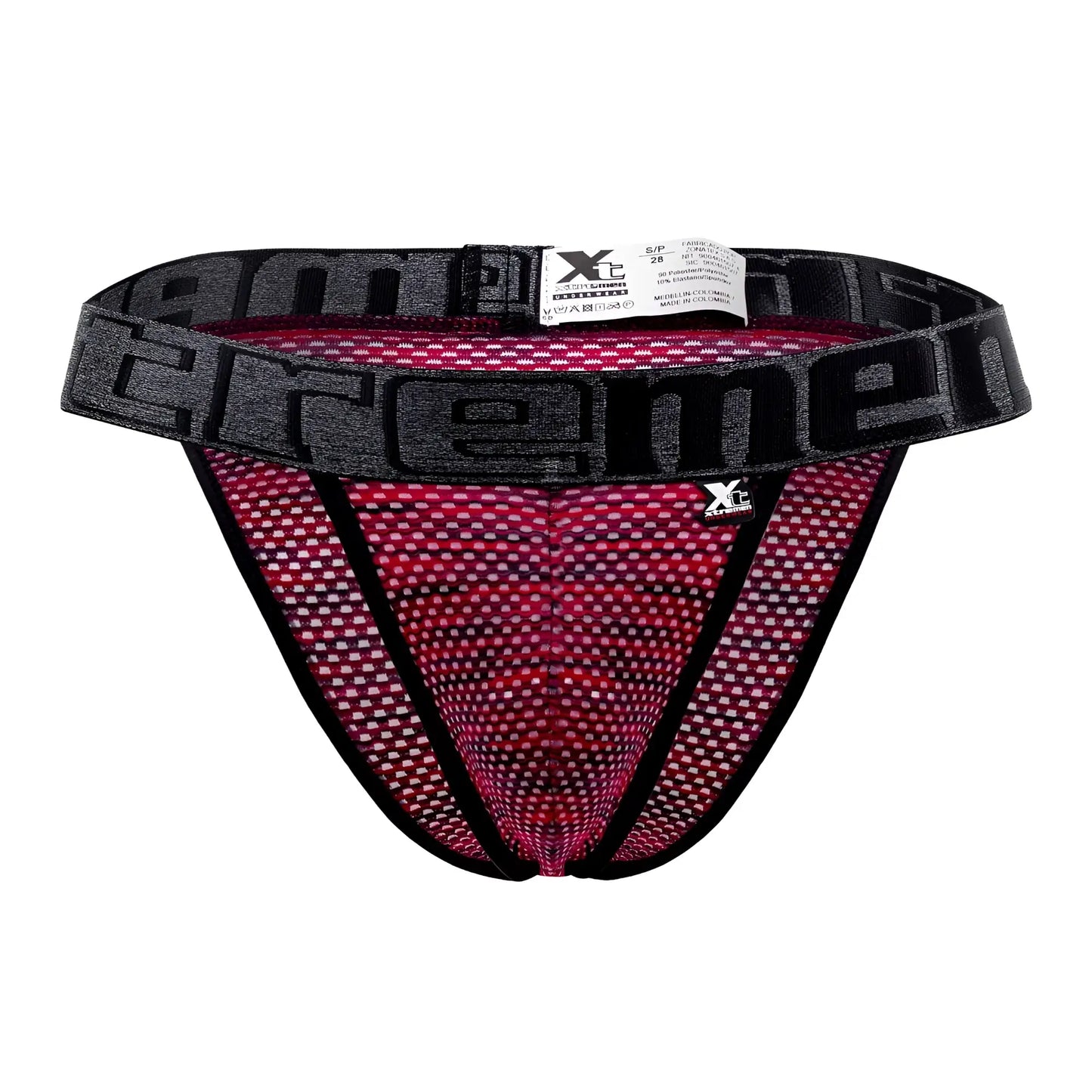Black and pink microfiber mesh athletic briefs with bold extreme logo band in red xtremen 91098x bikini style