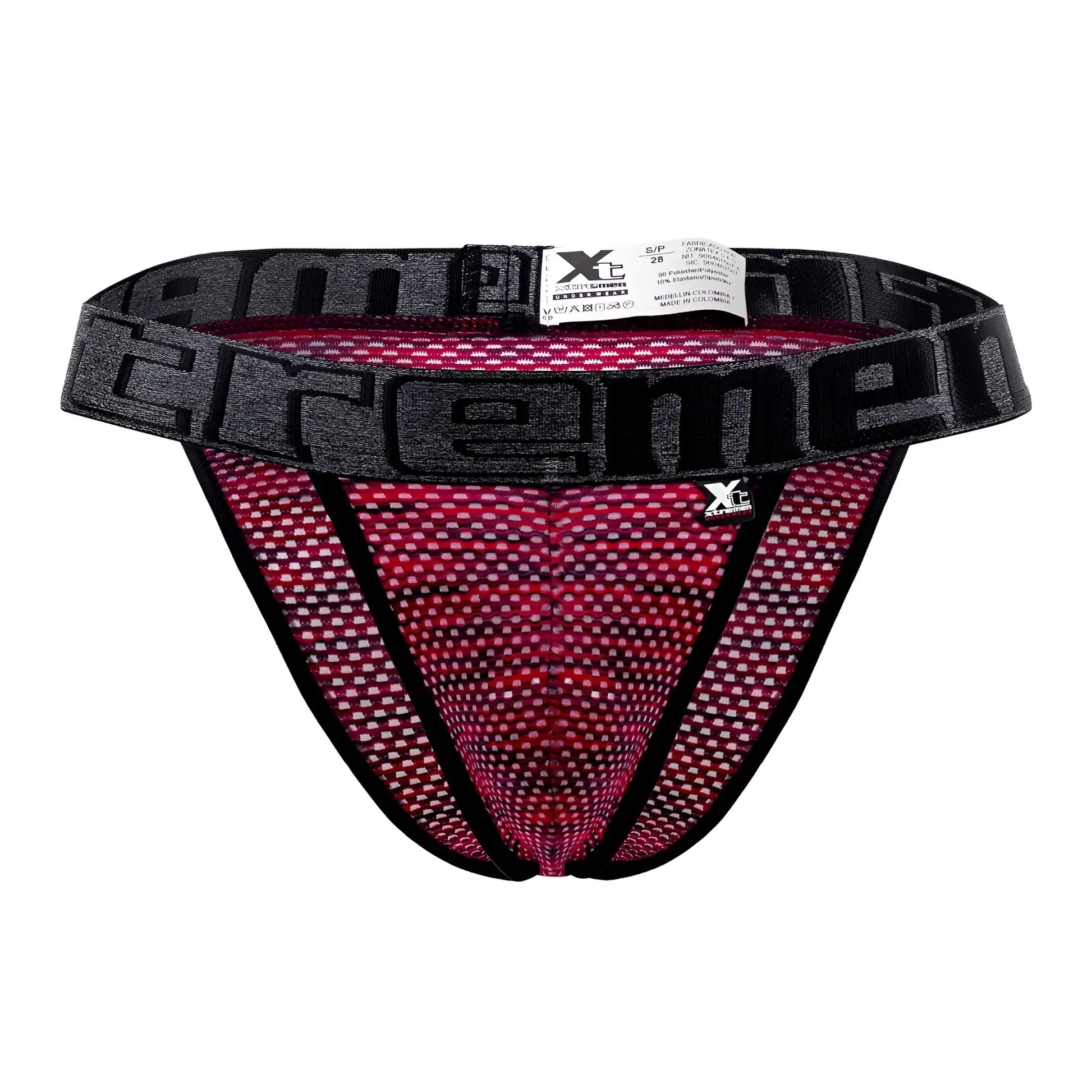 Black and pink microfiber mesh athletic briefs with bold extreme logo band in red xtremen 91098x bikini style