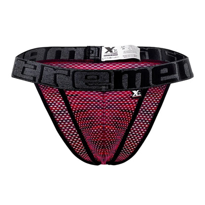 Black and pink microfiber mesh athletic briefs with bold extreme logo band in red xtremen 91098x bikini style