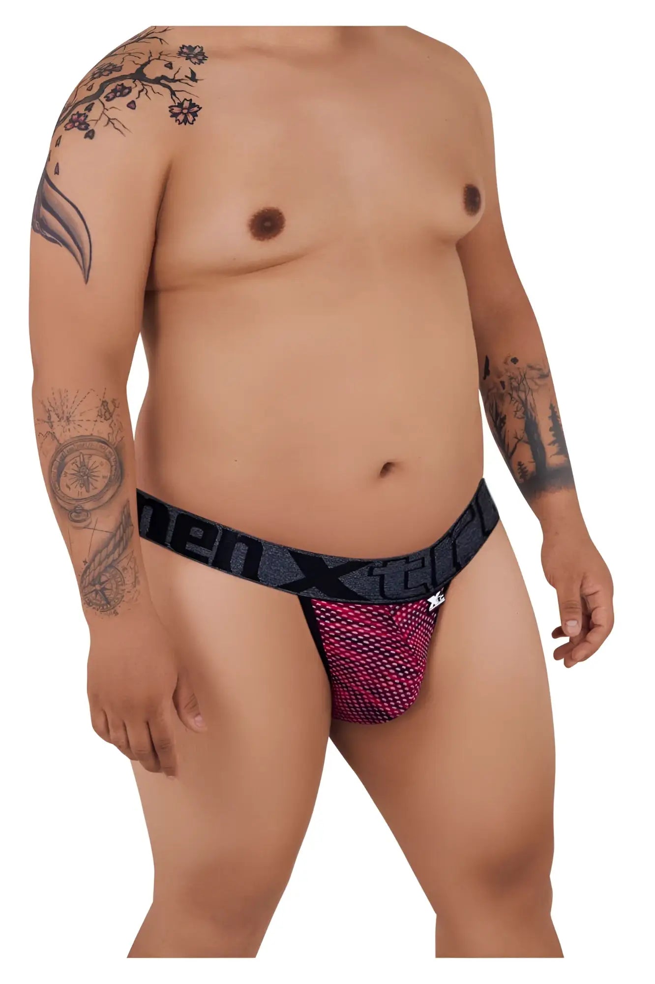 Xtremen 91098x microfiber mesh bikini briefs in black and pink with a bold menxtreme logo waistband in red