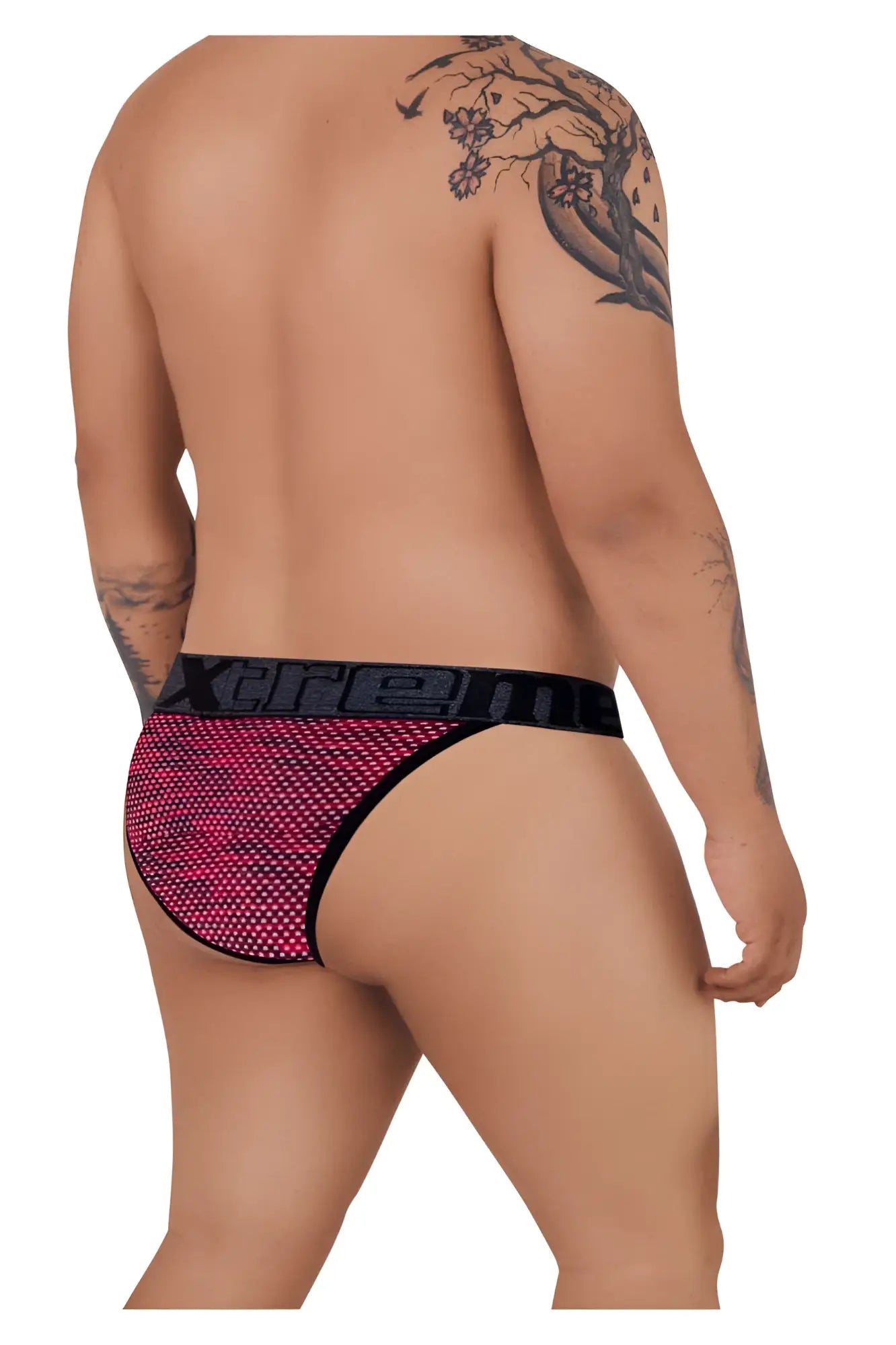Pink and black microfiber mesh briefs with a bold xtreme logo band in red xtremen 91098x bikini style
