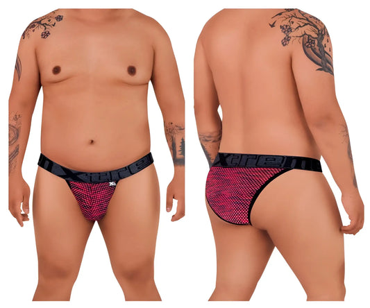Pink mesh briefs with black elastic waistband and xtreme branding in red microfiber mesh bikini style
