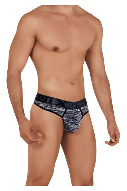 Black and gray patterned men’s microfiber mesh briefs with bold xtreme logo on the waistband