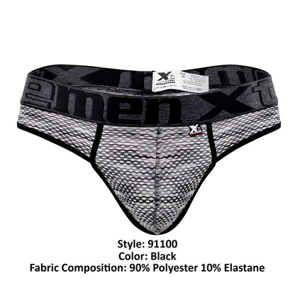 Black men’s briefs with textured gray and black microfiber mesh fabric and bold x-men waistband branding