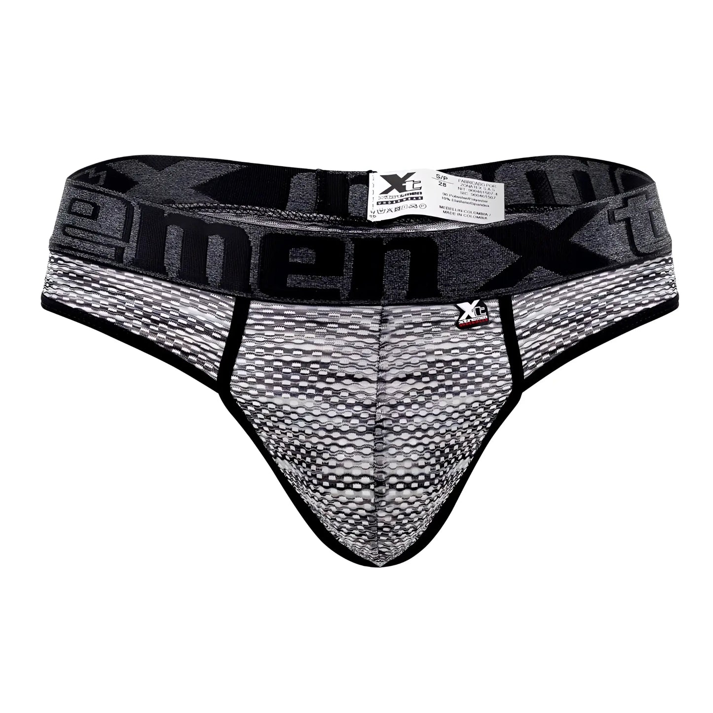 Black and gray patterned men’s Xtremen 91100X microfiber mesh briefs with textured design and bold xtreme waistband branding
