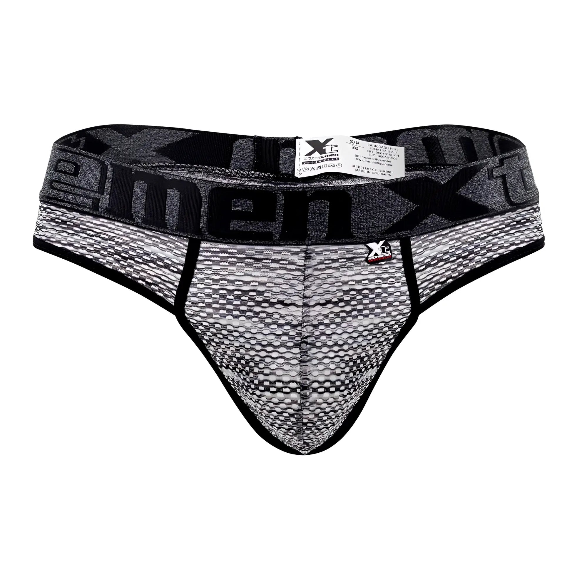 Black and gray patterned men’s Xtremen 91100X microfiber mesh briefs with textured design and bold xtreme waistband branding