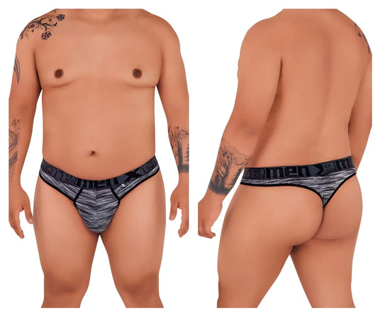 Xtremen 91100x microfiber mesh black men’s thong with gray and black pattern and creme men branded waistband