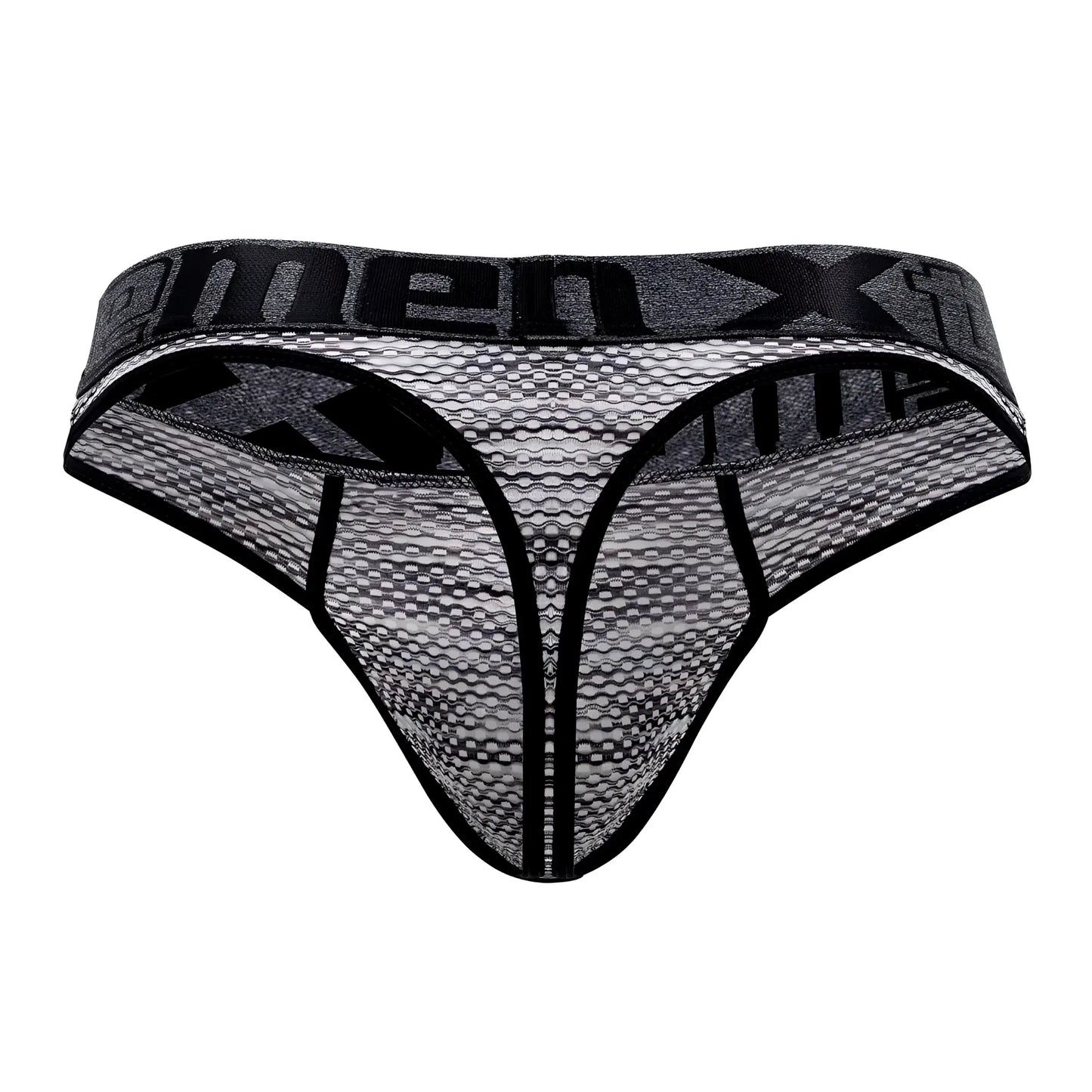 Black and gray microfiber mesh thong with bold menx logo band xtremen 91100x for comfortable wear