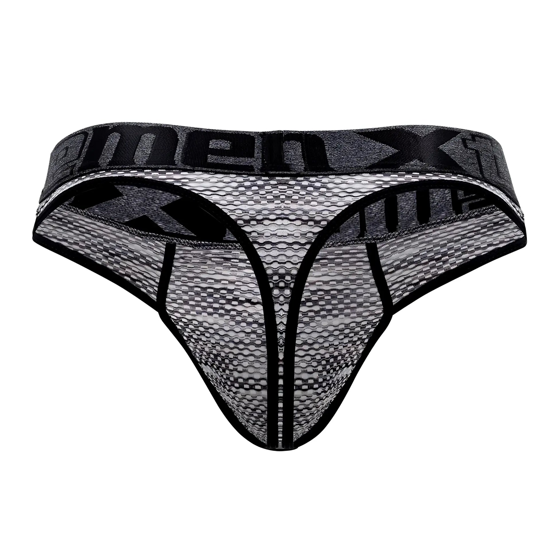 Black and gray microfiber mesh thong with bold menx logo band xtremen 91100x for comfortable wear