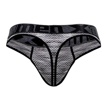 Black and gray microfiber mesh thong with bold menx logo band xtremen 91100x for comfortable wear