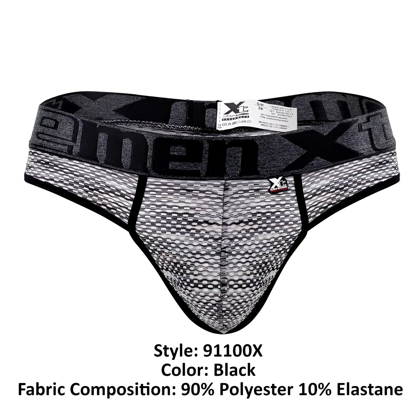 Black xtremen 91100x microfiber mesh thongs with textured fabric and bold xtreme branded waistband