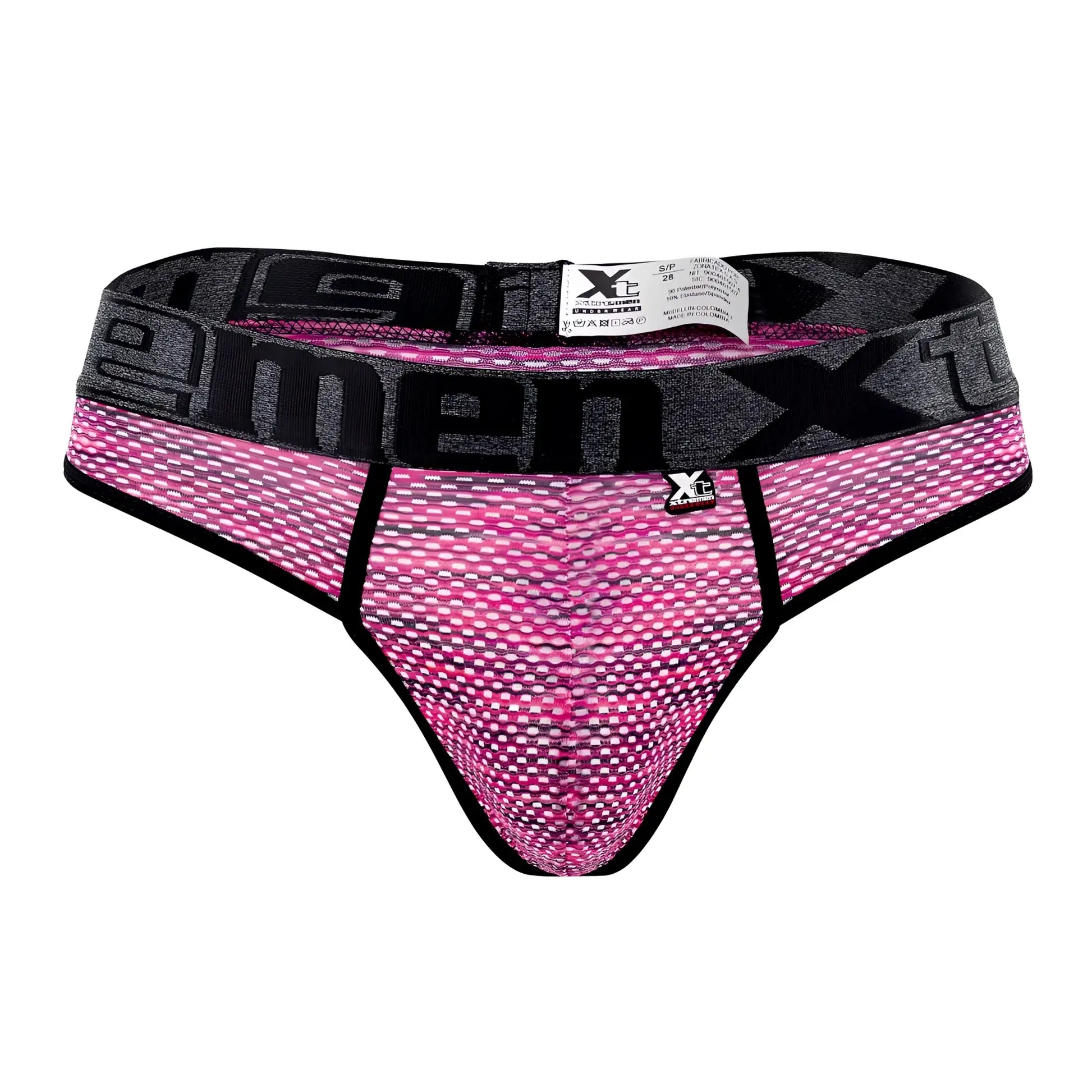 Pink and black mesh men’s thong with branded waistband made of microfiber mesh for comfortable wear by Xtremen