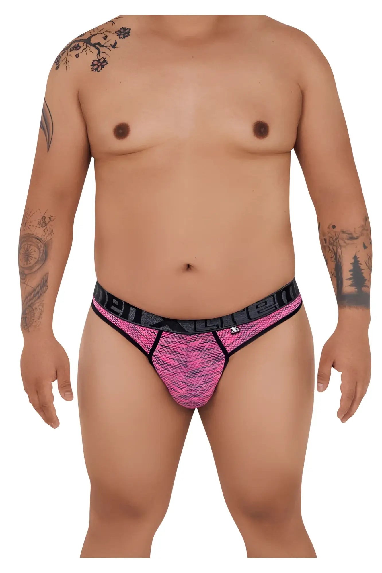 Pink and black microfiber mesh thong with bold patterned design xtremen 91100x front view