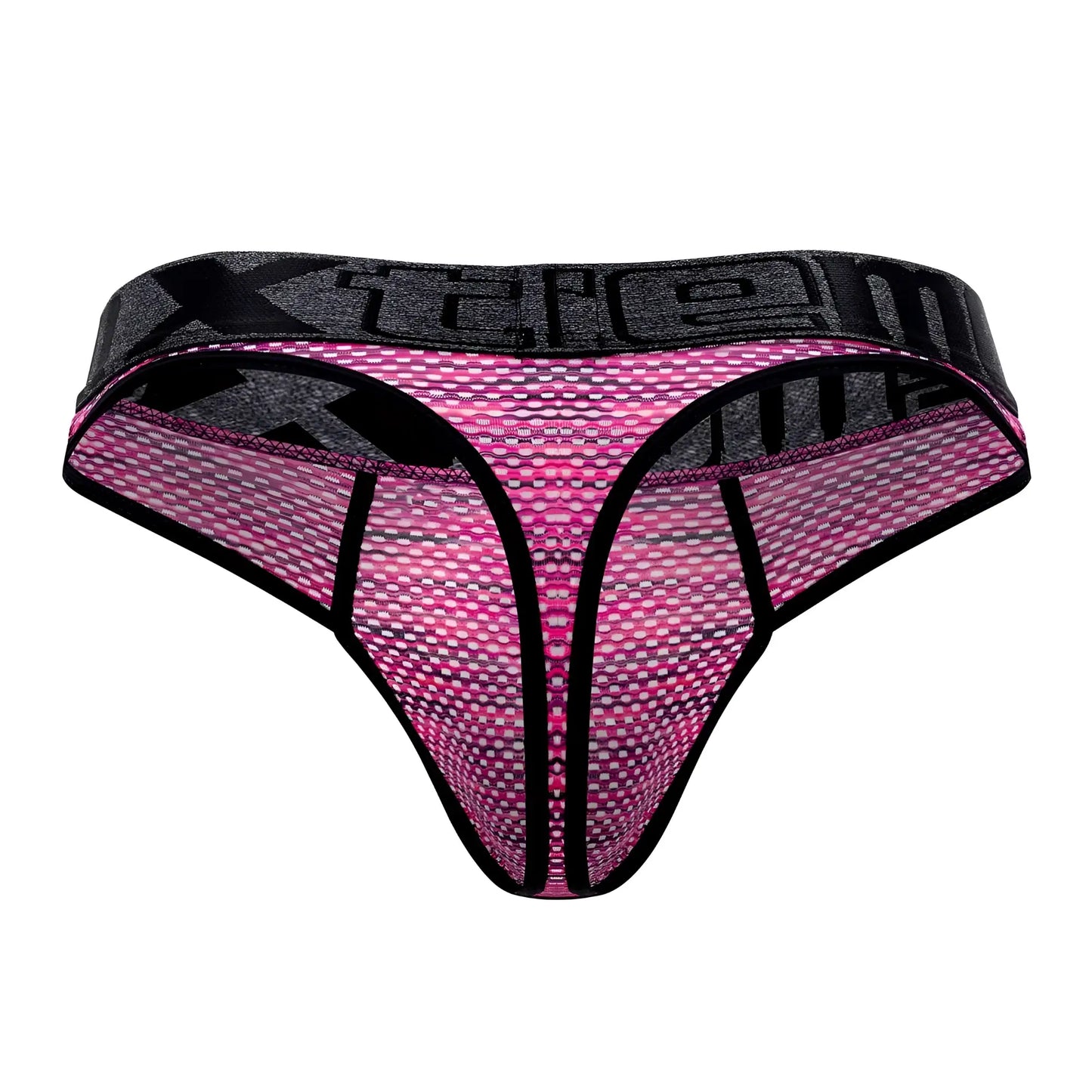 Pink and black microfiber mesh thong with textured pattern and xtreme branded waistband in xtremen 91100x style
