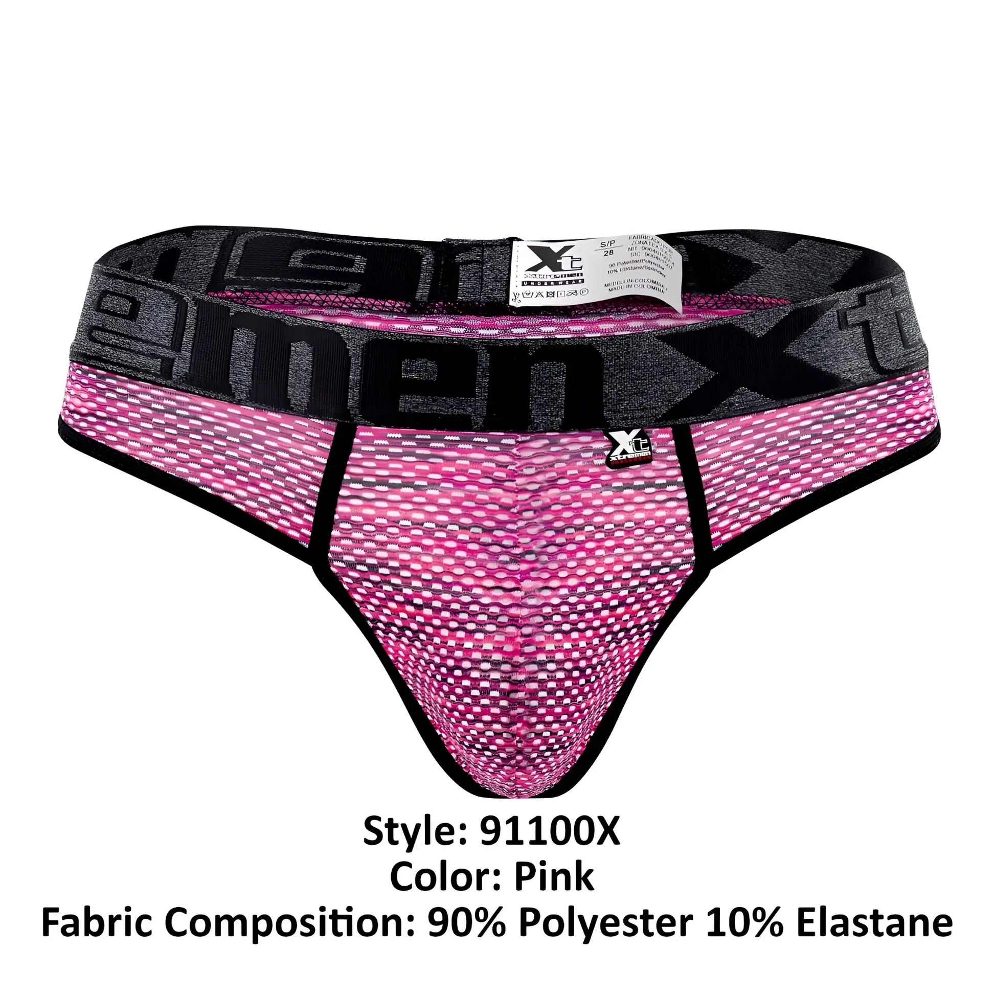 Pink xtremen 91100x microfiber mesh men’s thong with black trim and xtreme logo on the waistband