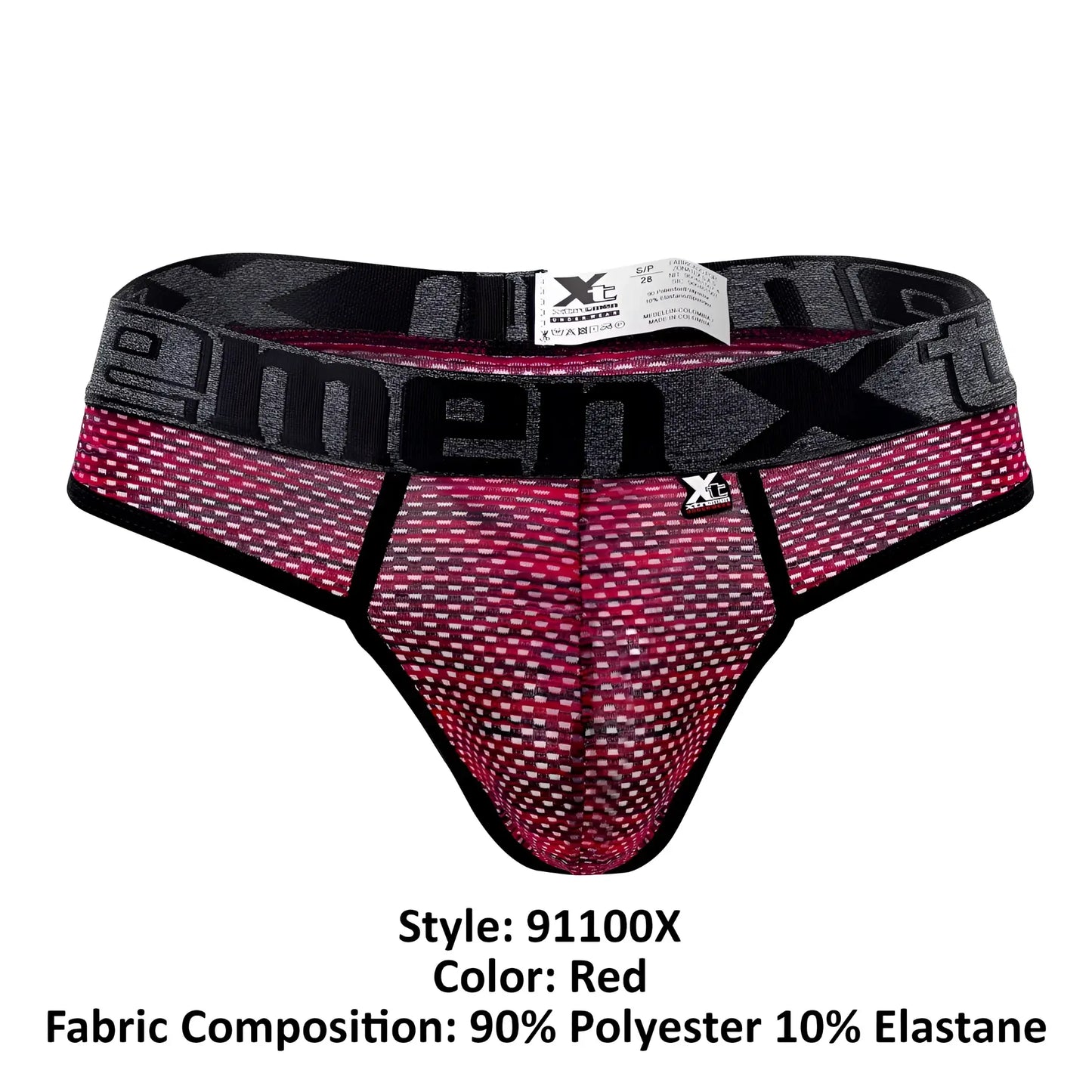 Red xtremen 91100x microfiber mesh men’s briefs with black and gray waistband featuring xtreme logo