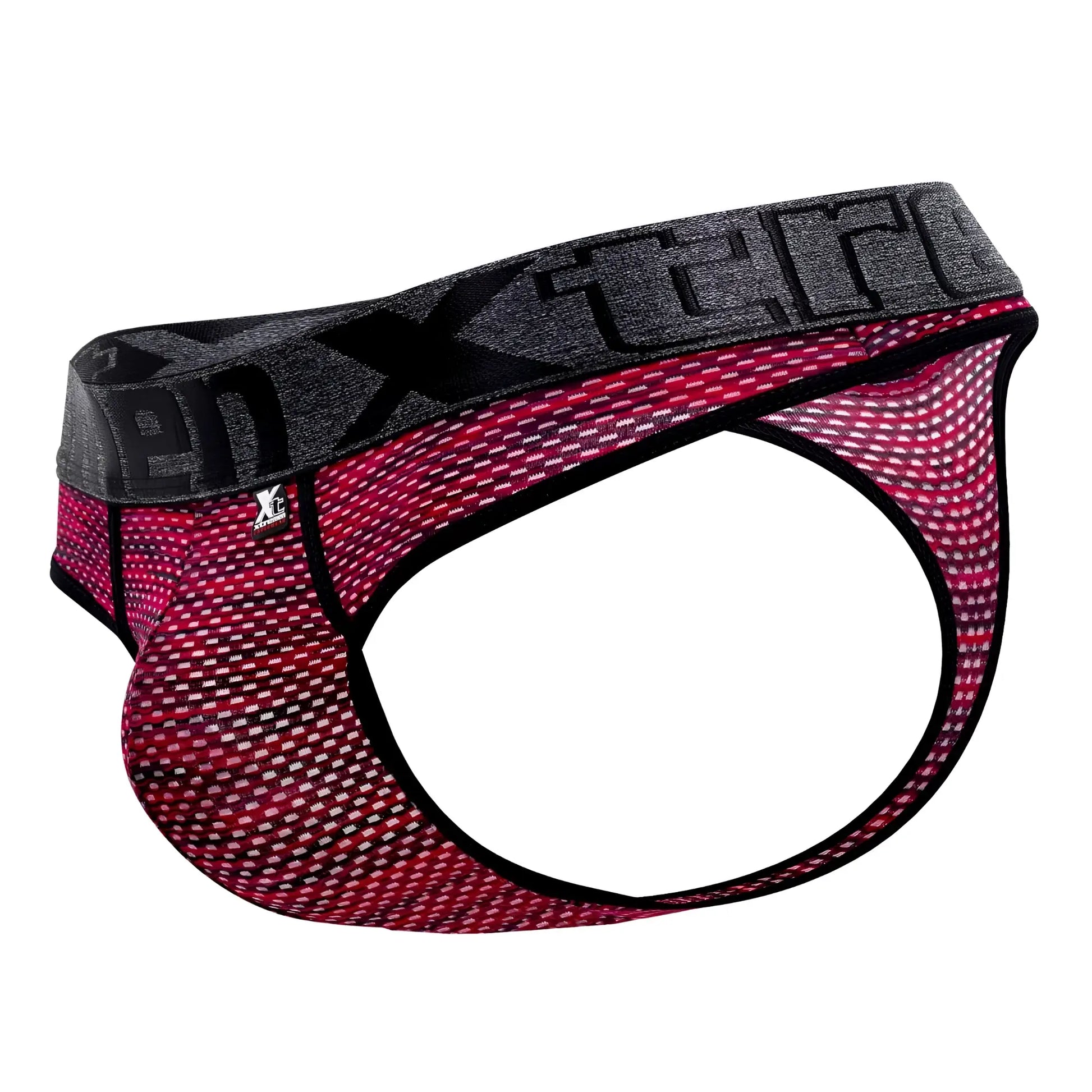 A men’s boxterry xtremen 91100x microfiber mesh brief in red with white geometric patterns and a black and gray logo waistband