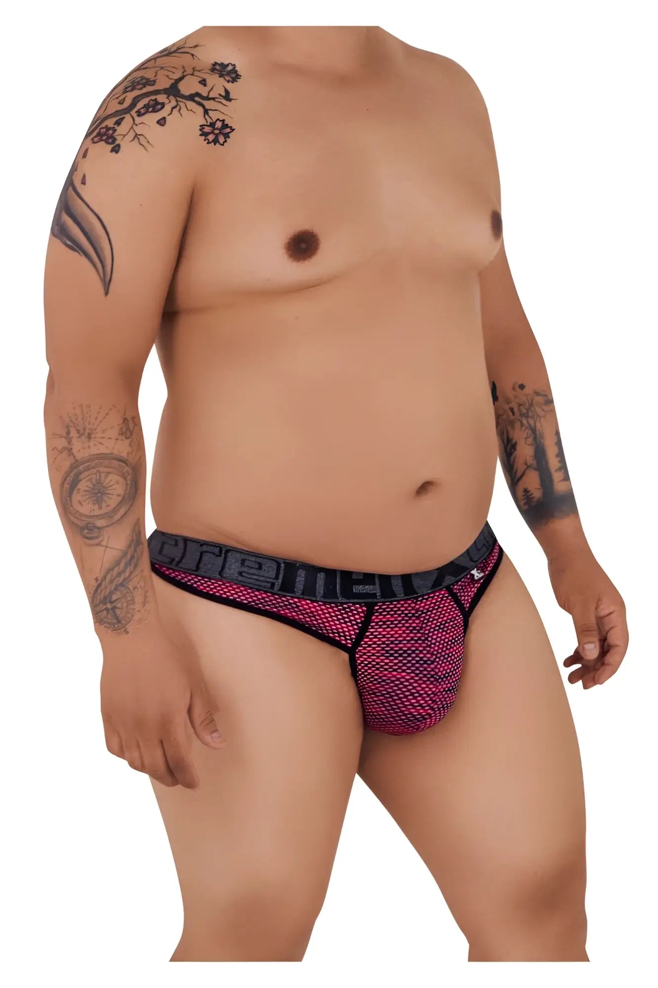 Pink and black xtremen 91100x microfiber mesh briefs with bold patterned design in red color