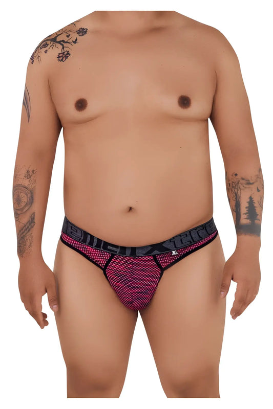 Xtremen 91100x microfiber mesh thongs in red with pink and black bold patterned design briefs front view