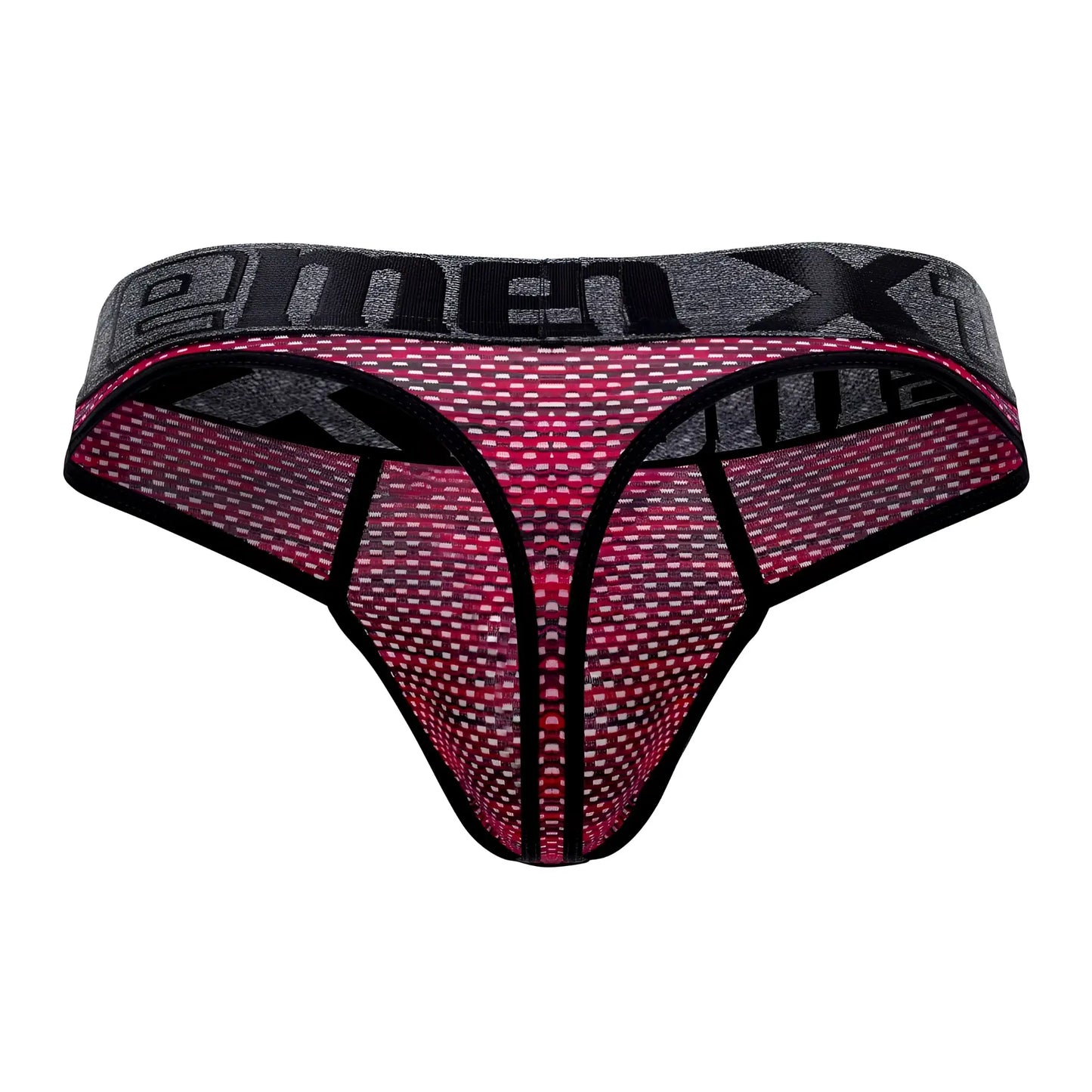 Pink and gray microfiber mesh thong with black trim and menx branding on waistband in xtremen 91100x red color