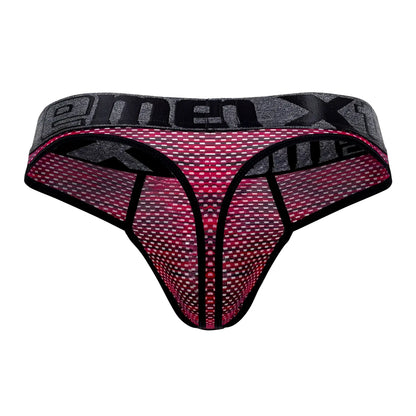 Pink and gray microfiber mesh thong with black trim and menx branding on waistband in xtremen 91100x red color