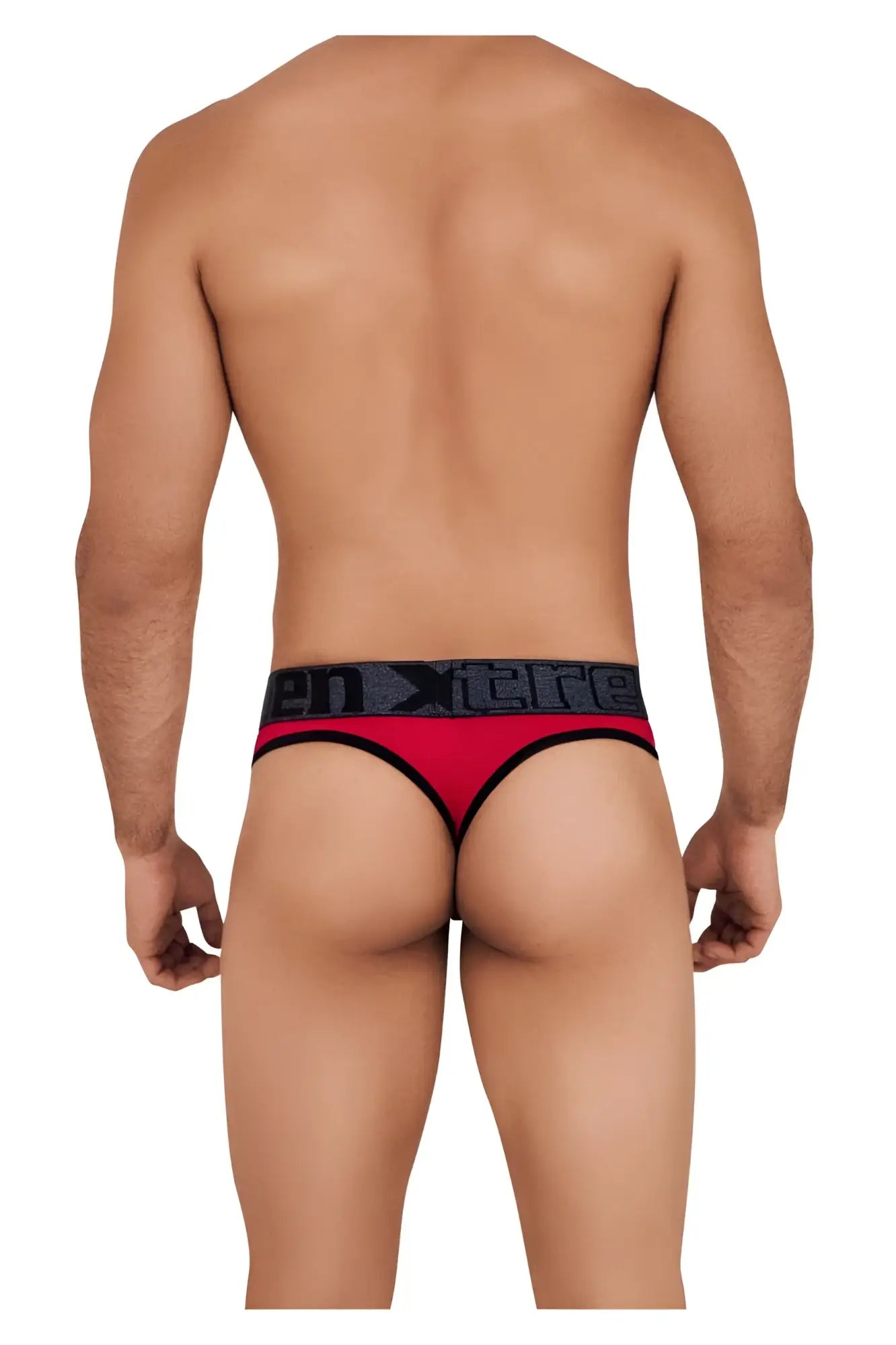 Red and black xtremen 91101 microfiber thongs with a bold xtreme logo on the waistband