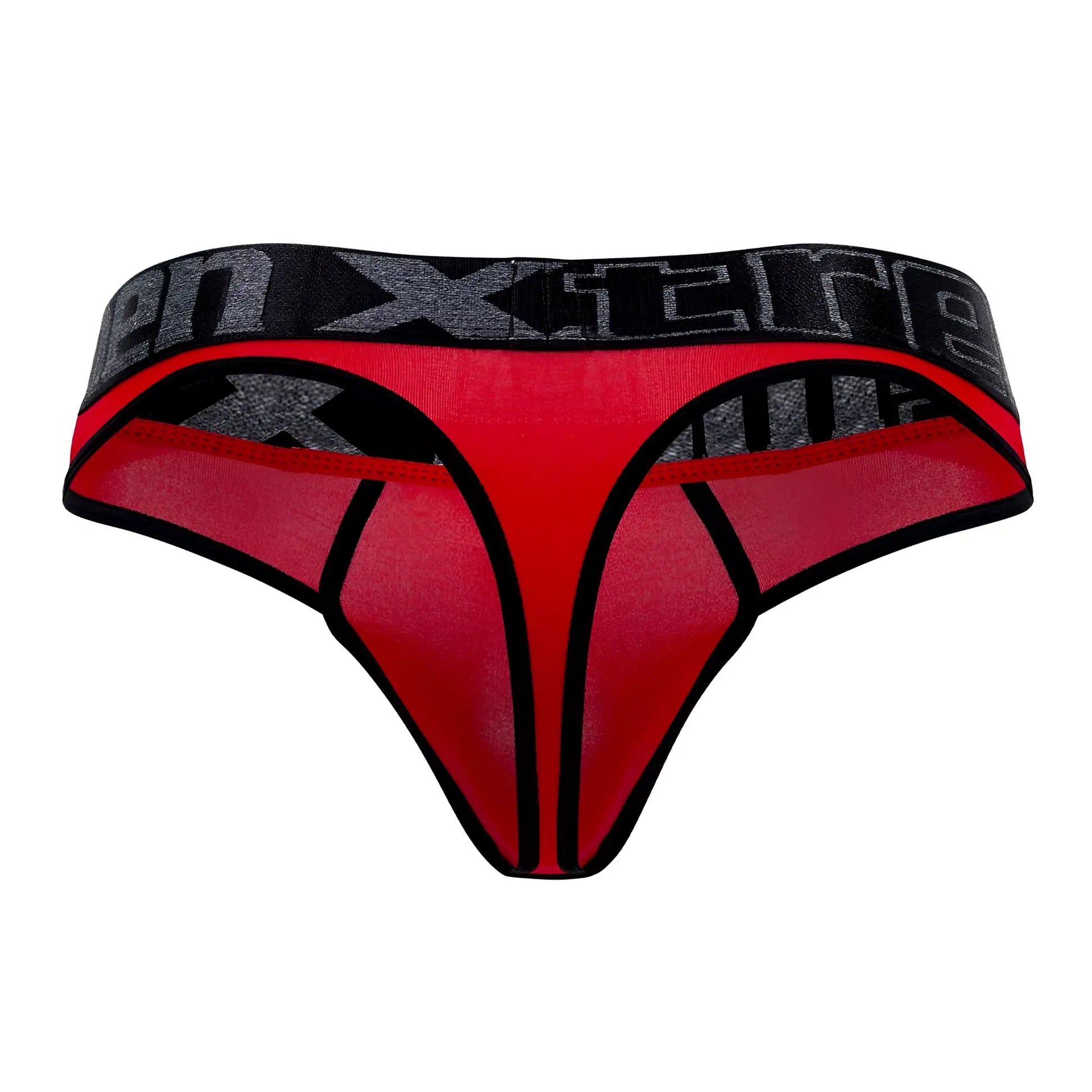 Red and black mesh microfiber thong with gray patterned waistband featuring the x-te logo from Xtremen 91101 collection