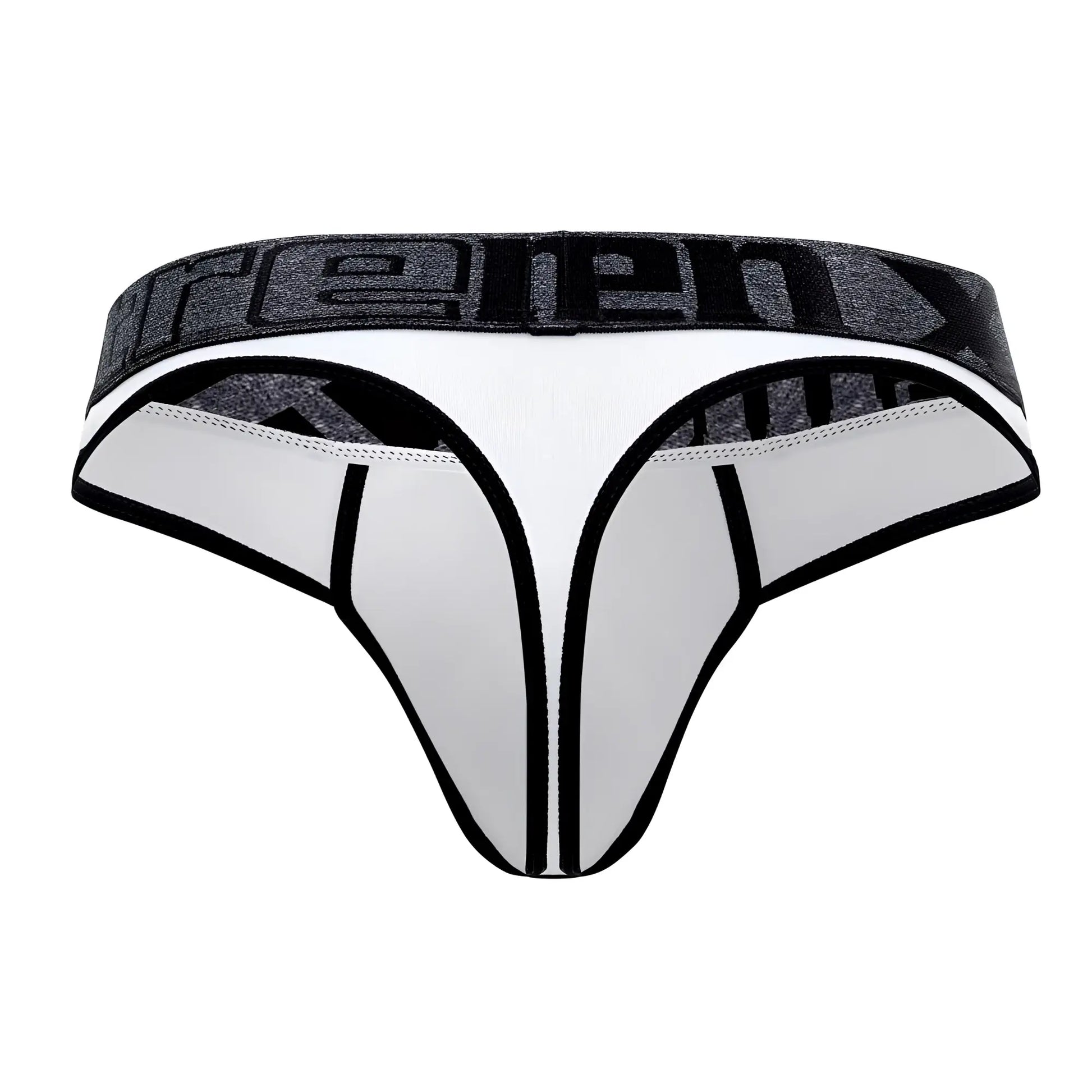 Xtremen 91101 microfiber thongs in white with black athletic-style briefs and textured gray reeebok waistband visible
