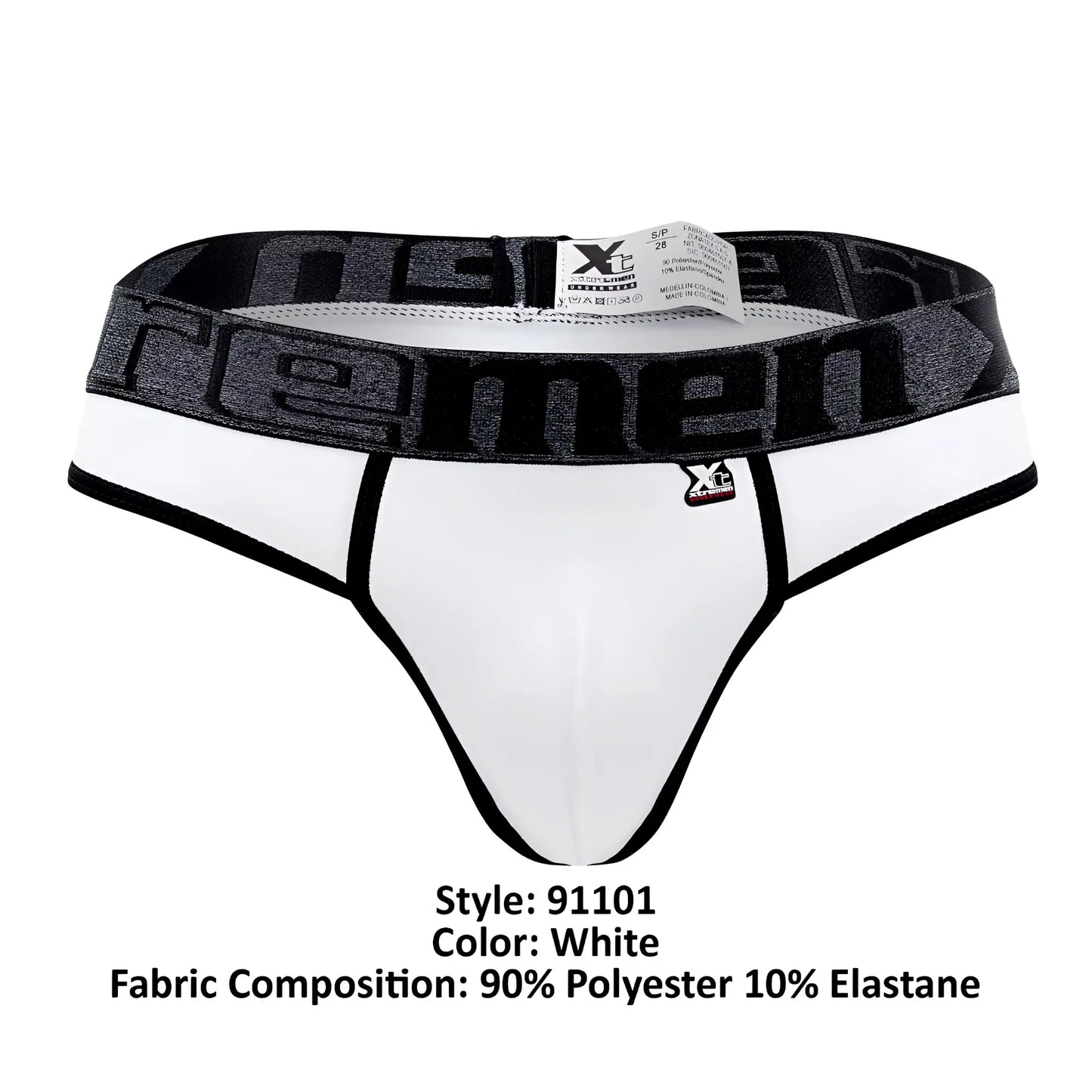 White xtremen 91101 microfiber thongs with a black and gray patterned waistband featuring the xtreme brand logo