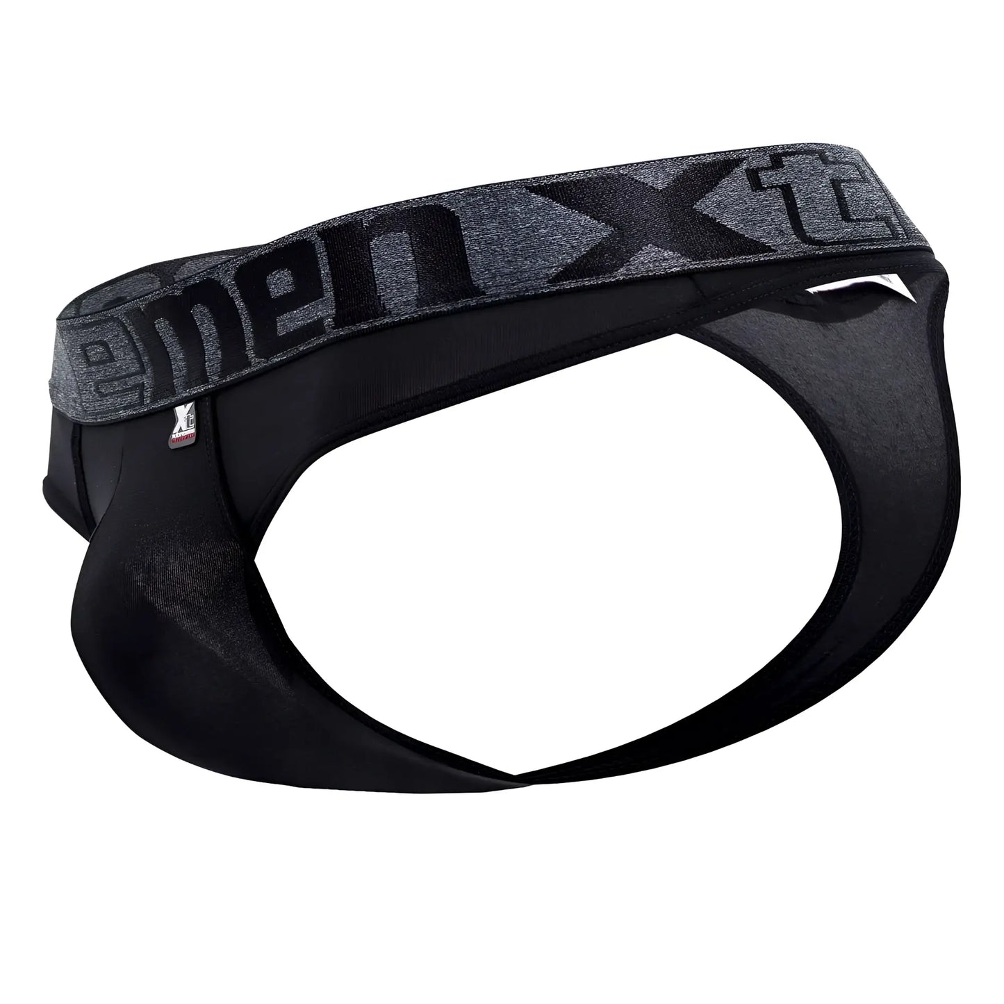 Black menxt xtremen 91101x microfiber thongs with gray textured waistband and menxt logo in black lettering