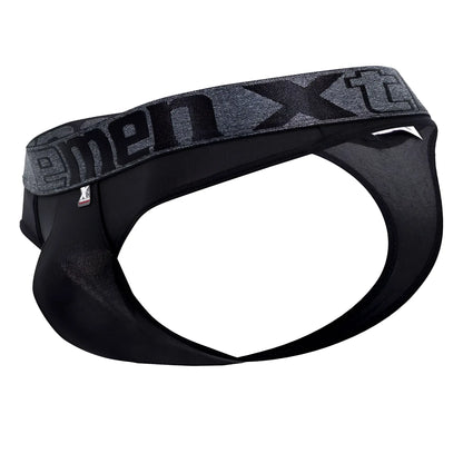 Black menxt xtremen 91101x microfiber thongs with gray textured waistband and menxt logo in black lettering