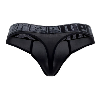 Black mesh microfiber thong with gray textured waistband featuring reem logo xtremen 91101x micro thong black