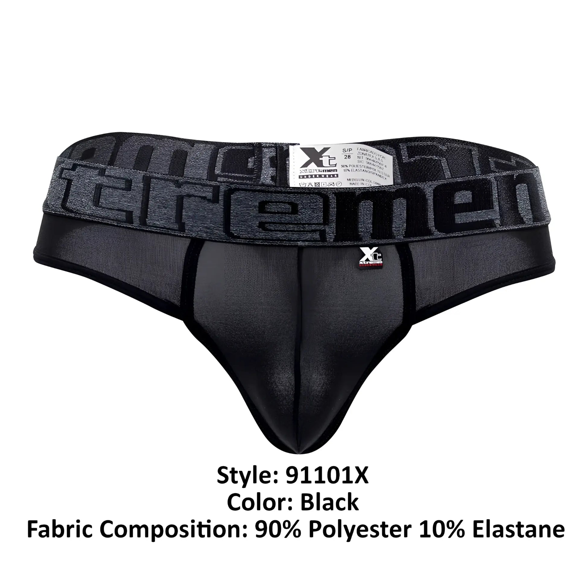 Black xtremen 91101x microfiber thongs with textured waistband and bold brand name lettering on front
