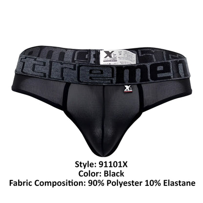 Black xtremen 91101x microfiber thongs with textured waistband and bold brand name lettering on front
