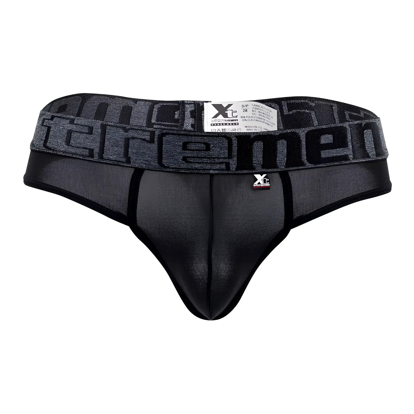 Black xtremen 91101x microfiber men’s thong with textured waistband featuring bold repeating brand name