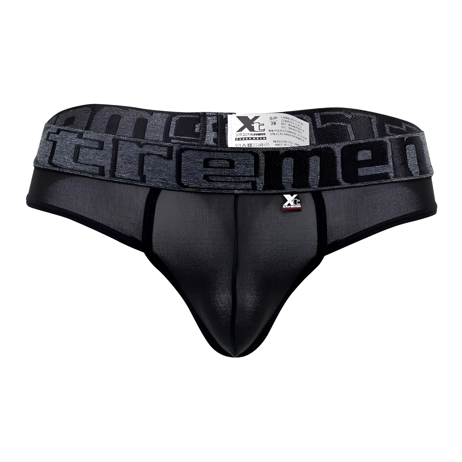 Black xtremen 91101x microfiber men’s thong with textured waistband featuring bold repeating brand name