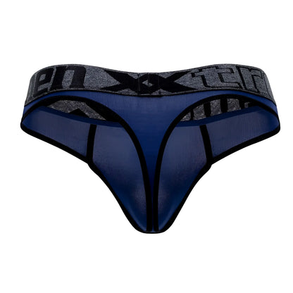 Blue microfiber mesh thong with gray and black Xtremen branded waistband in dark blue color