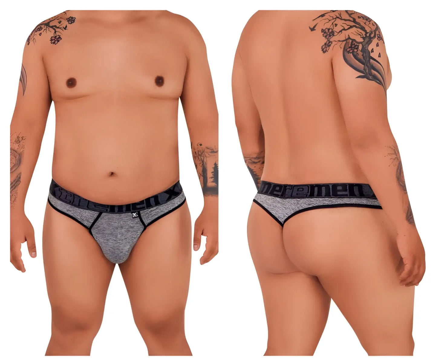 Xtremen 91101x microfiber thongs in jasper gray with gray heathered fabric and black waistband branded men