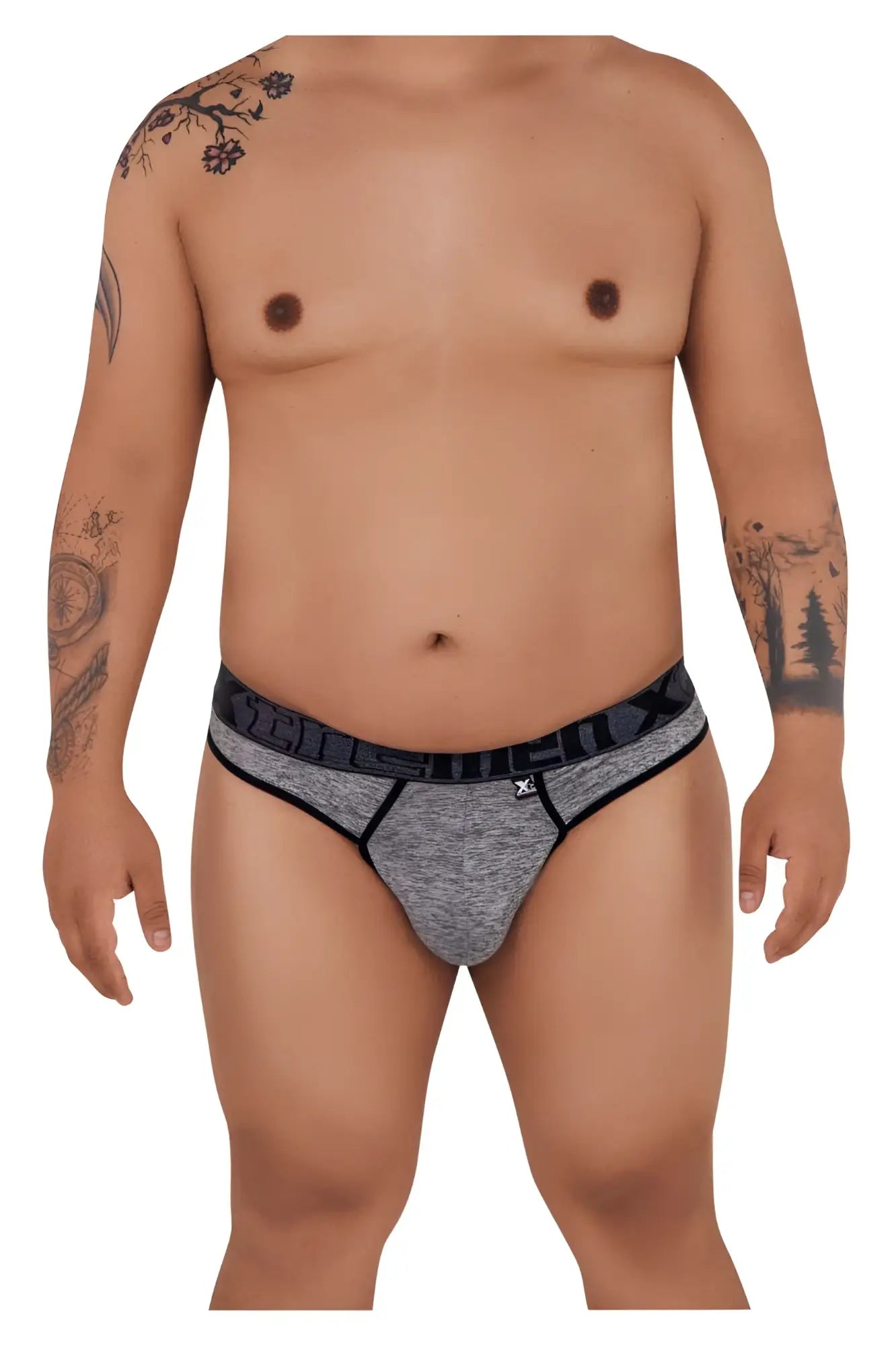 Gray heathered xtremen 91101x microfiber men’s briefs with black trim and branded waistband in jasper gray