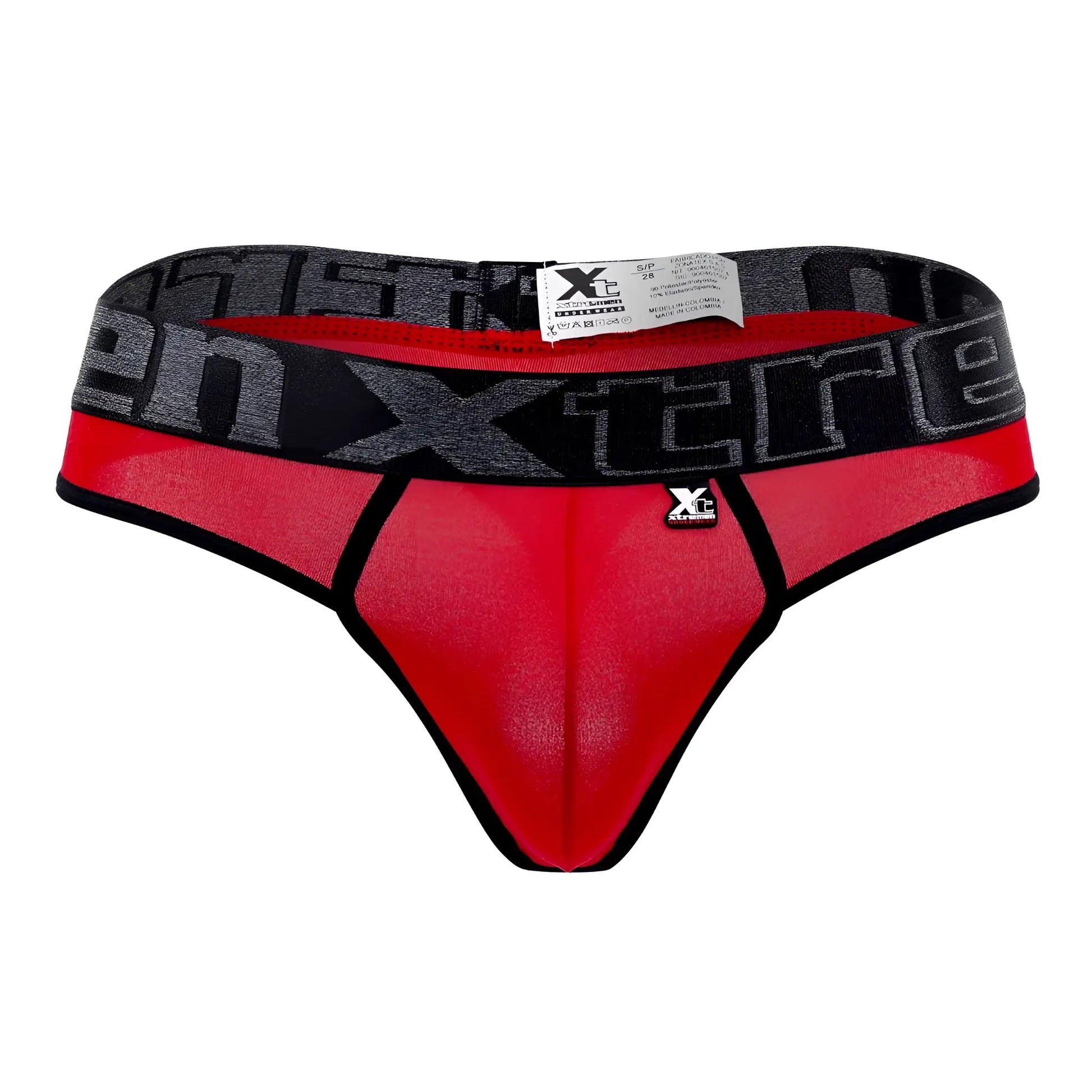 Red and black Xc Extreme microfiber thong with mesh front panel and elastic waistband featuring Xc logo in gray lettering