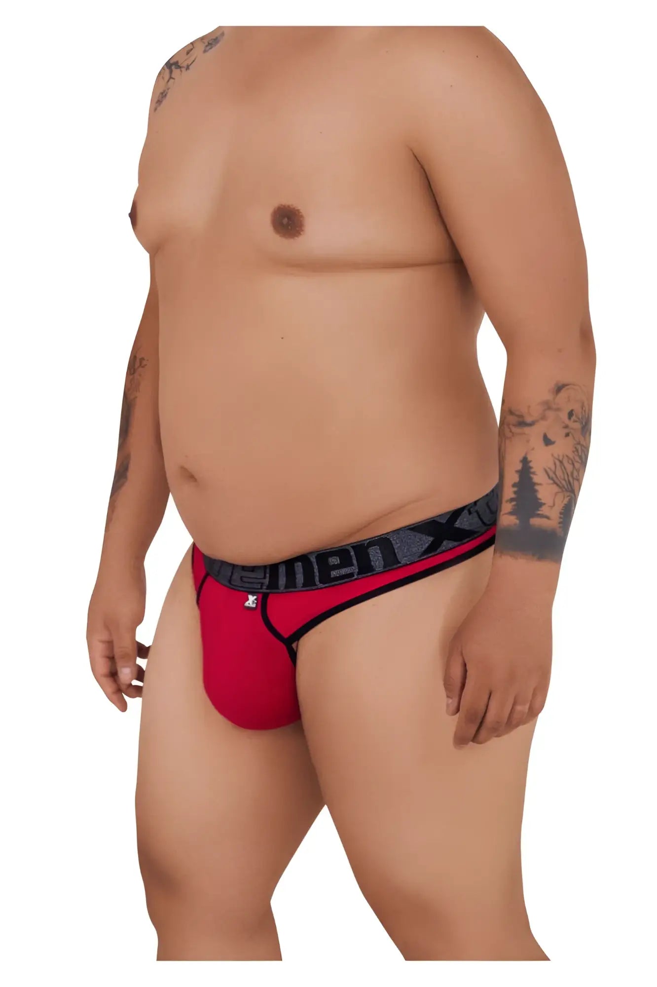 Red xtremen 91101x microfiber men’s briefs with black elastic waistband featuring men x logo in white lettering