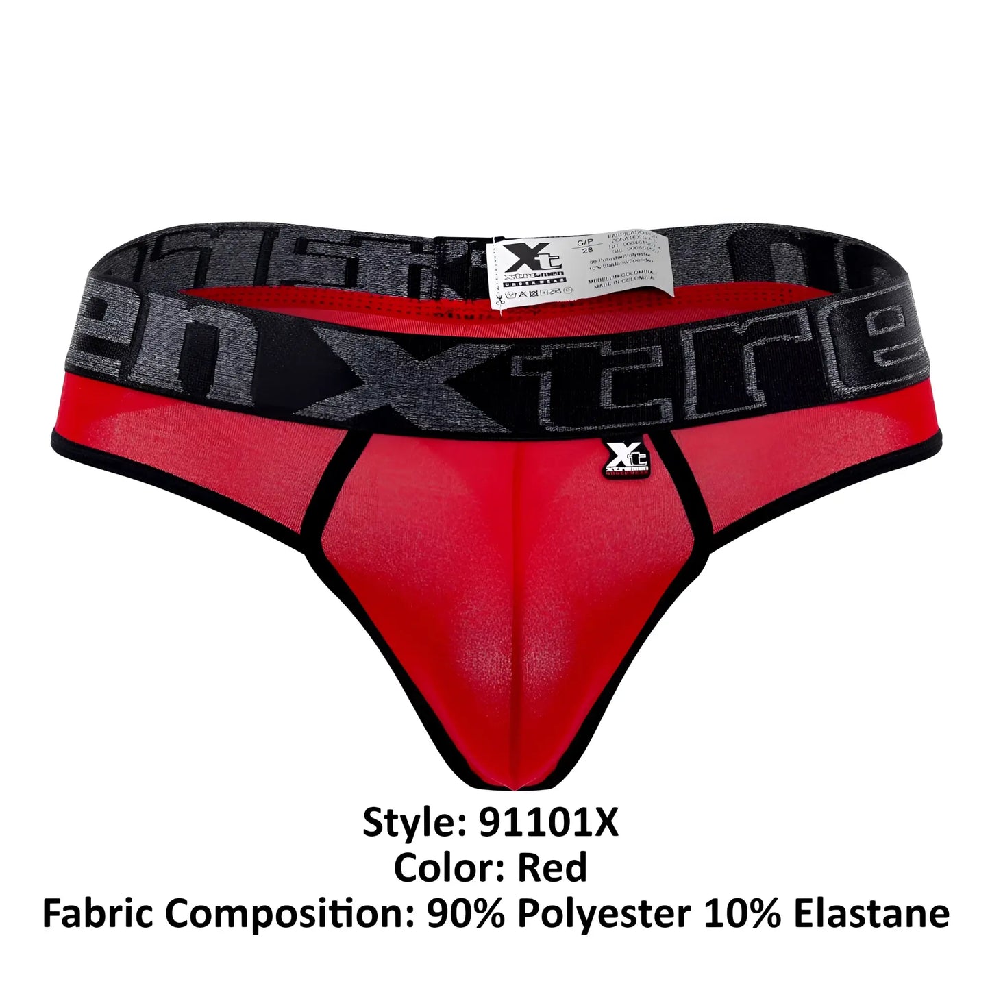 Red xtremen 91101x microfiber extreme thong with black and gray patterned waistband showing front side