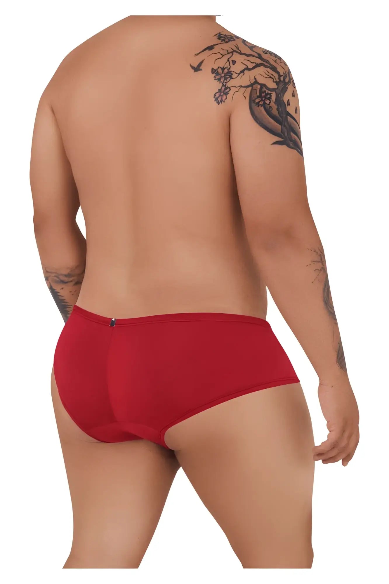 Back view of xtremen 91103x red microfiber men’s briefs with smooth fabric and small zipper closure