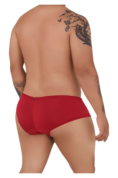 Back view of xtremen 91103x red microfiber men’s briefs with smooth fabric and small zipper closure