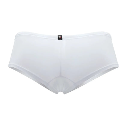 Xtremen 91103x white microfiber trunks with a subtle sheen and a small black brand tag at the waistband