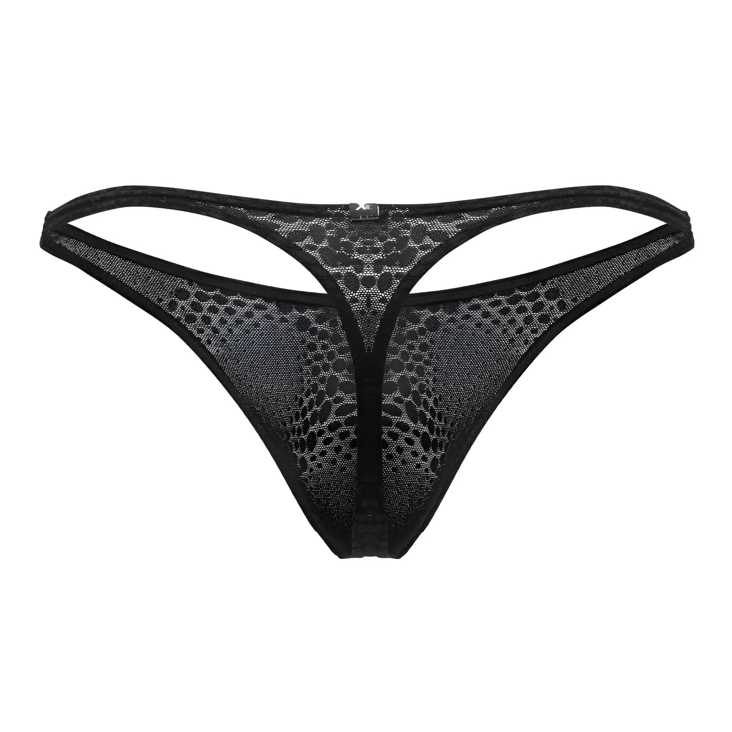 Black xtremen 91120 lace thong with subtle leopard print mesh and reinforced elastic waistband front view