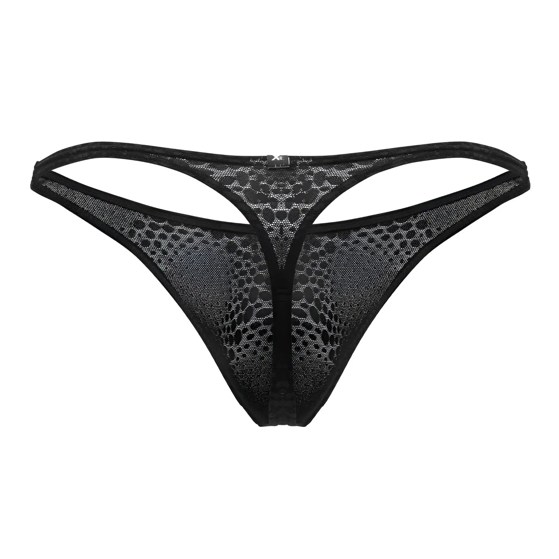 Black xtremen 91120 lace thong with subtle leopard print mesh and reinforced elastic waistband front view