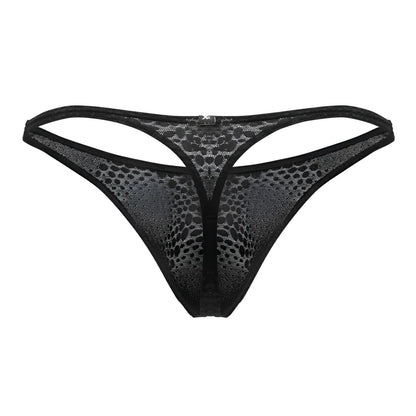 Black xtremen 91120 lace thong with subtle leopard print mesh and reinforced elastic waistband front view