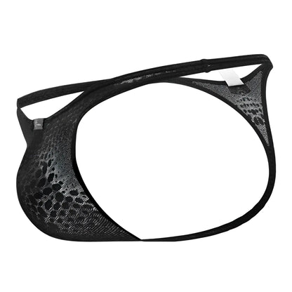 Xtremen 91120 black lace thong with black mesh fabric subtle leopard print and reinforced elastic straps